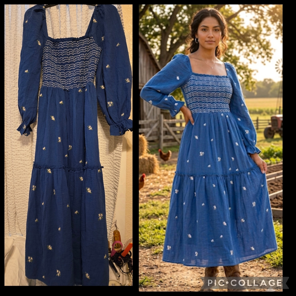RIHOAS,,,Blue Smocked Tiered Maxi Dress with Long Sleeves